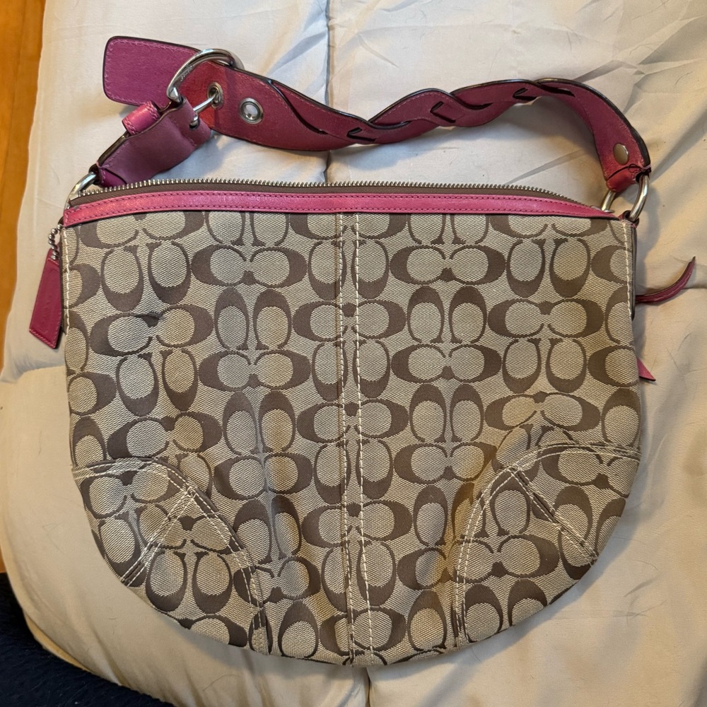 Coach Signature Canvas Shoulder Bag - Pink and Brown